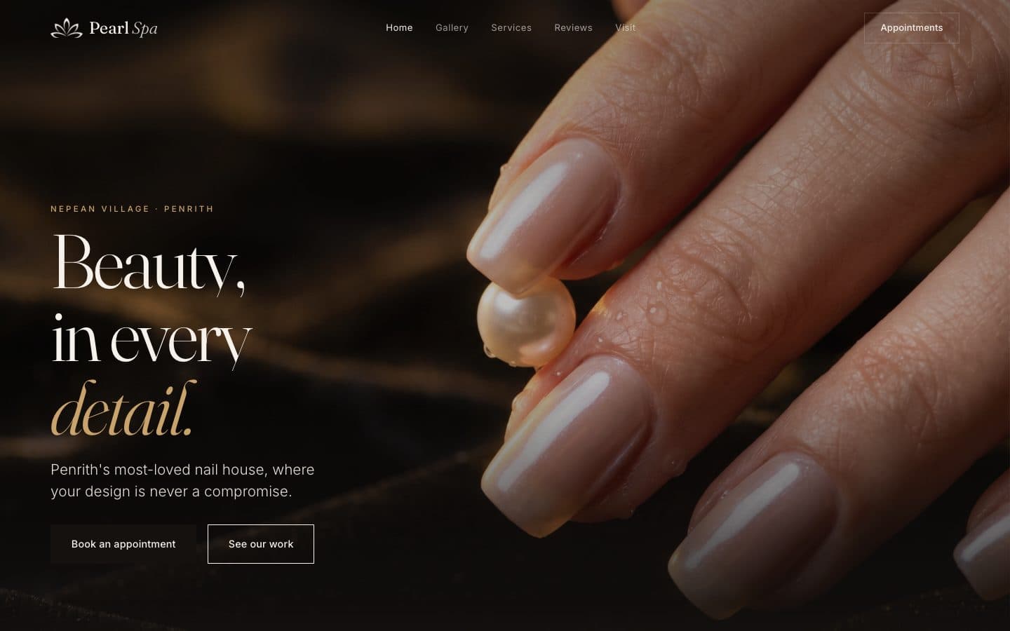Pearl Spa homepage, live at pearlspa.com.au